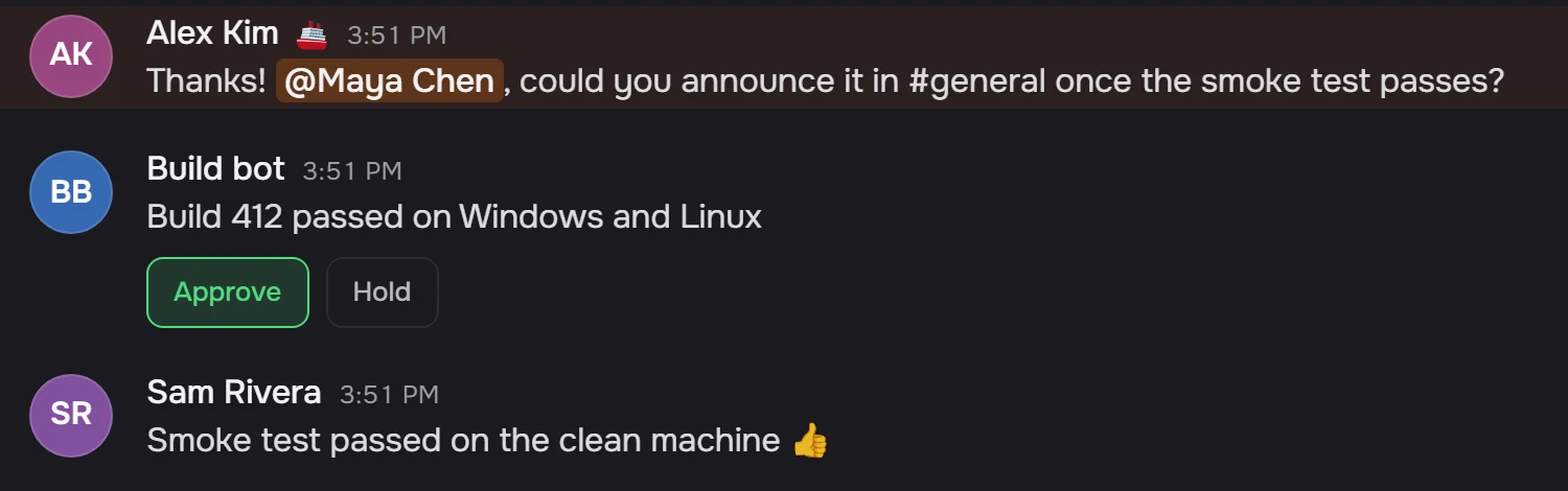 A message from Build bot in #engineering: Build 412 passed on Windows and Linux, with Approve and Hold buttons.