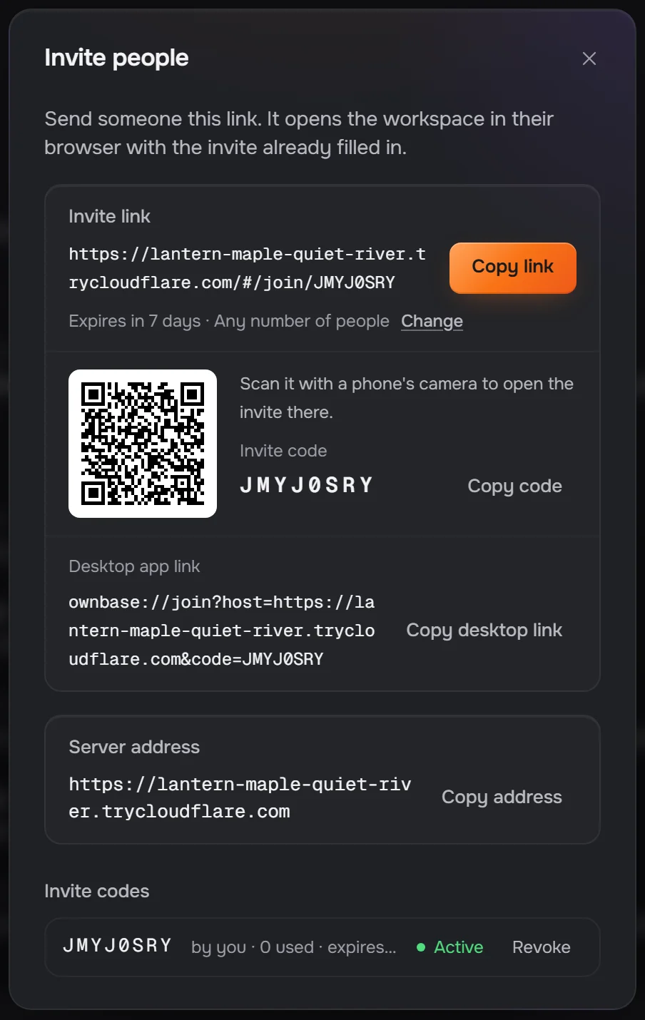 The Invite people dialog with an HTTPS invite link, a Copy link button, a QR code and the invite code.