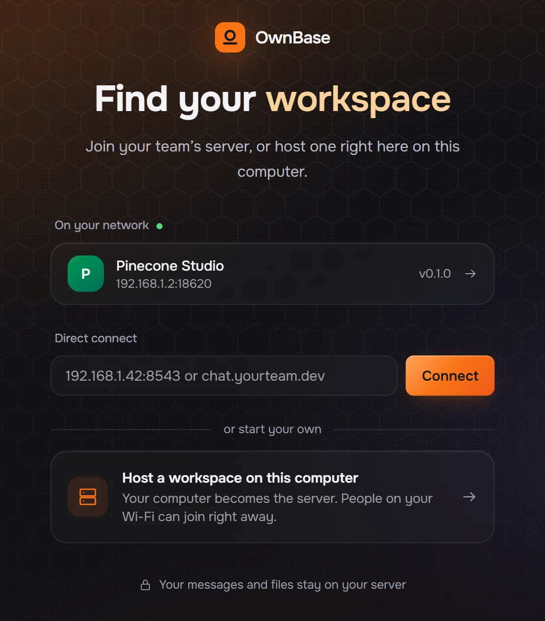 The desktop app's Join screen. Under On your network it lists Pinecone Studio with its address. Below are a Direct connect field and the option Host a workspace on this computer.