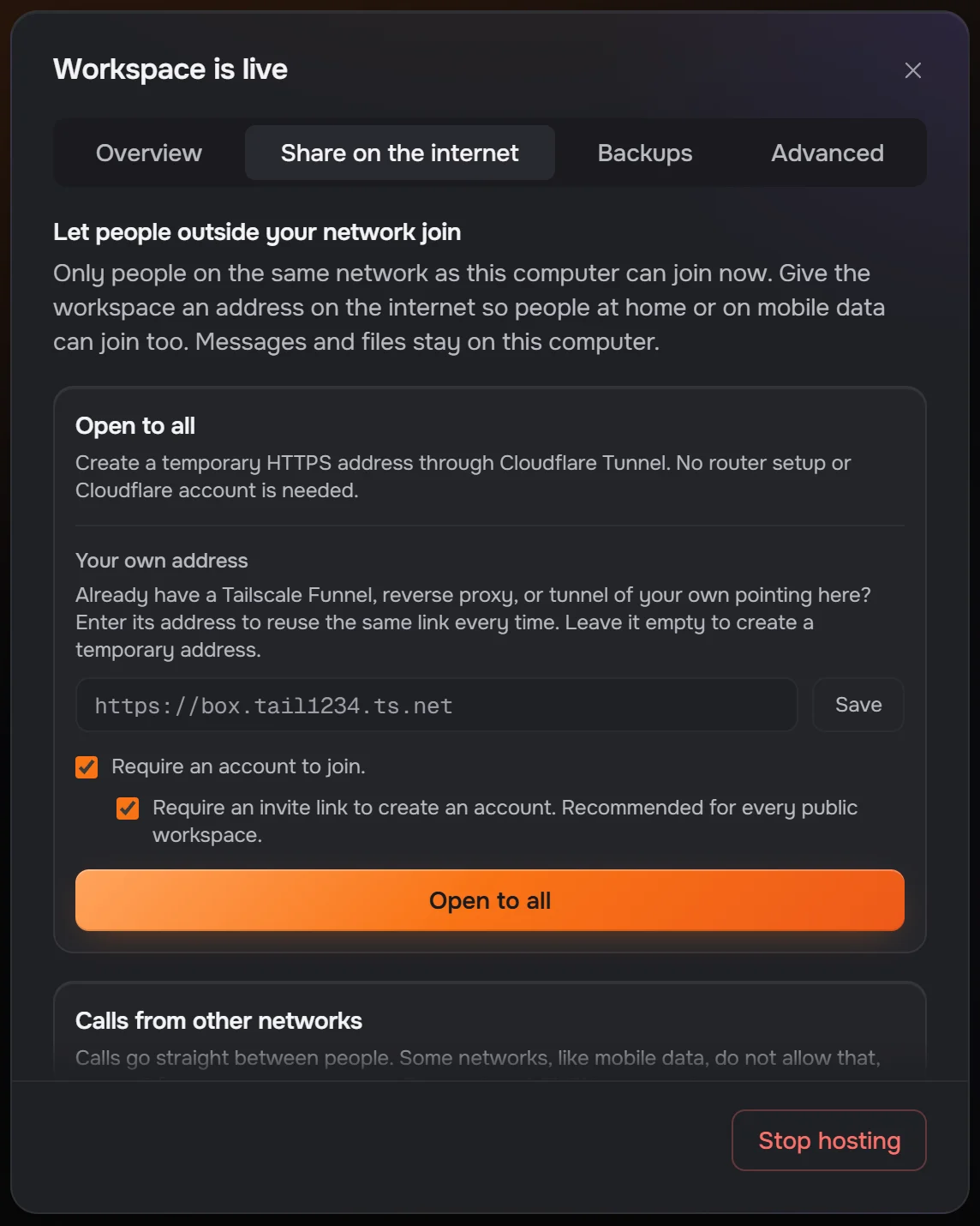 The Manage hosting window on its Share on the internet tab, with the Open to all button and the options to require an account and an invite link.