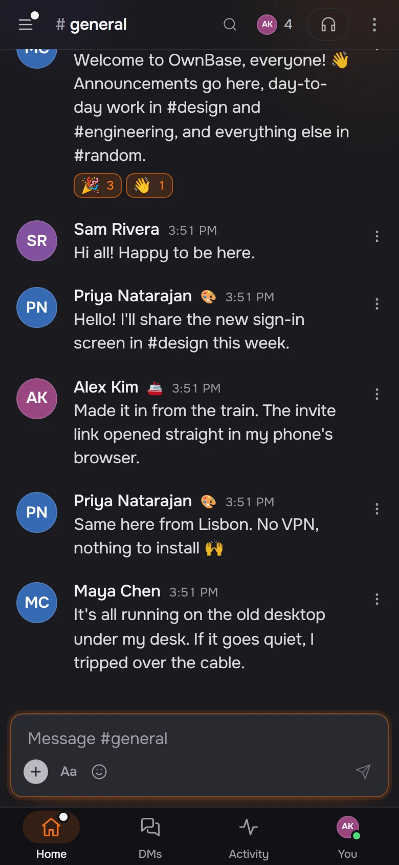 OwnBase in a phone's browser, showing #general. Alex writes from a train that the invite link opened straight in the phone's browser, and Priya writes that it worked the same from Lisbon.