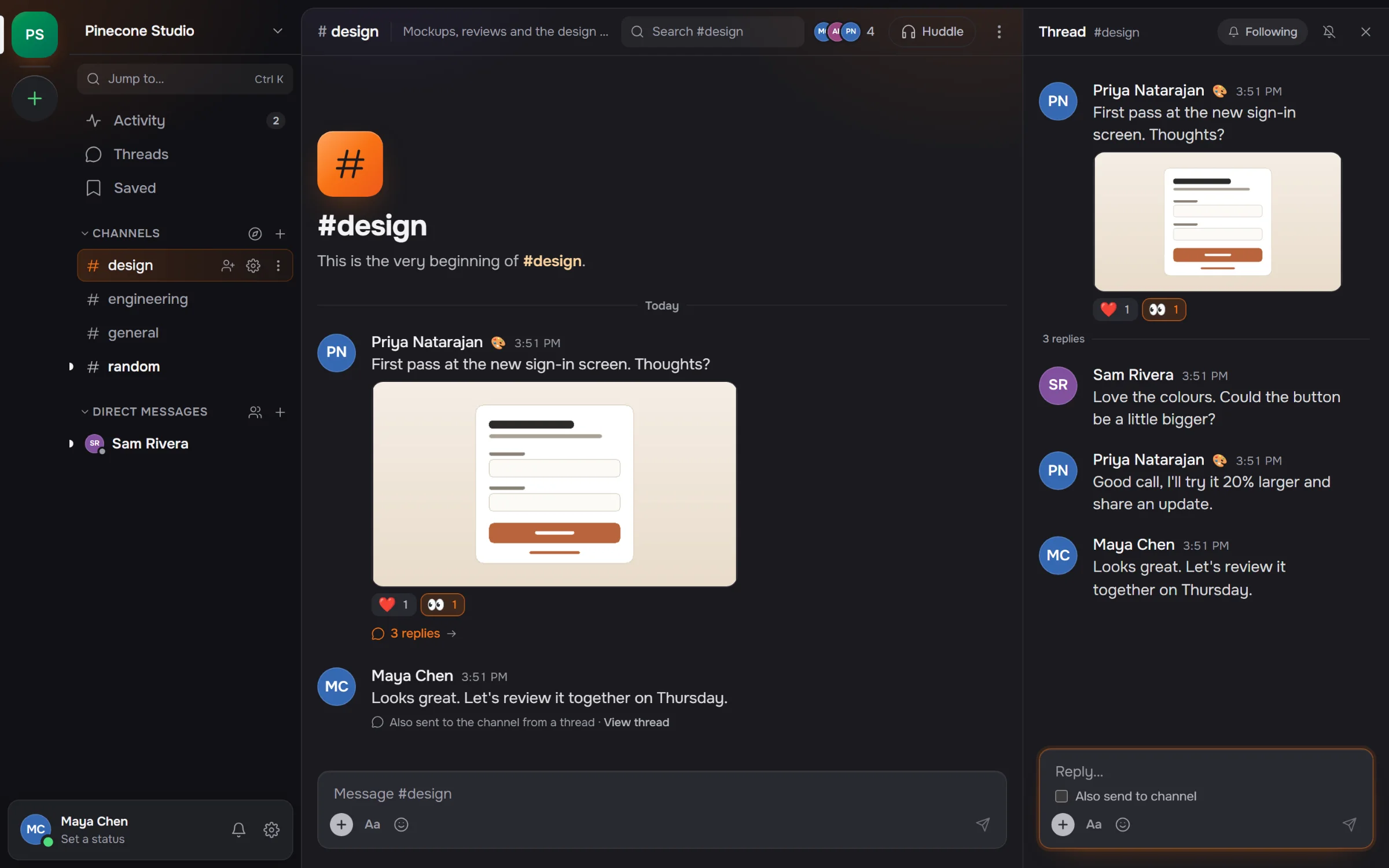 The OwnBase desktop app in its dark Onyx theme. The #design channel shows Priya's sign-in mockup with reactions, and the thread beside it has replies from Sam, Priya and Maya.